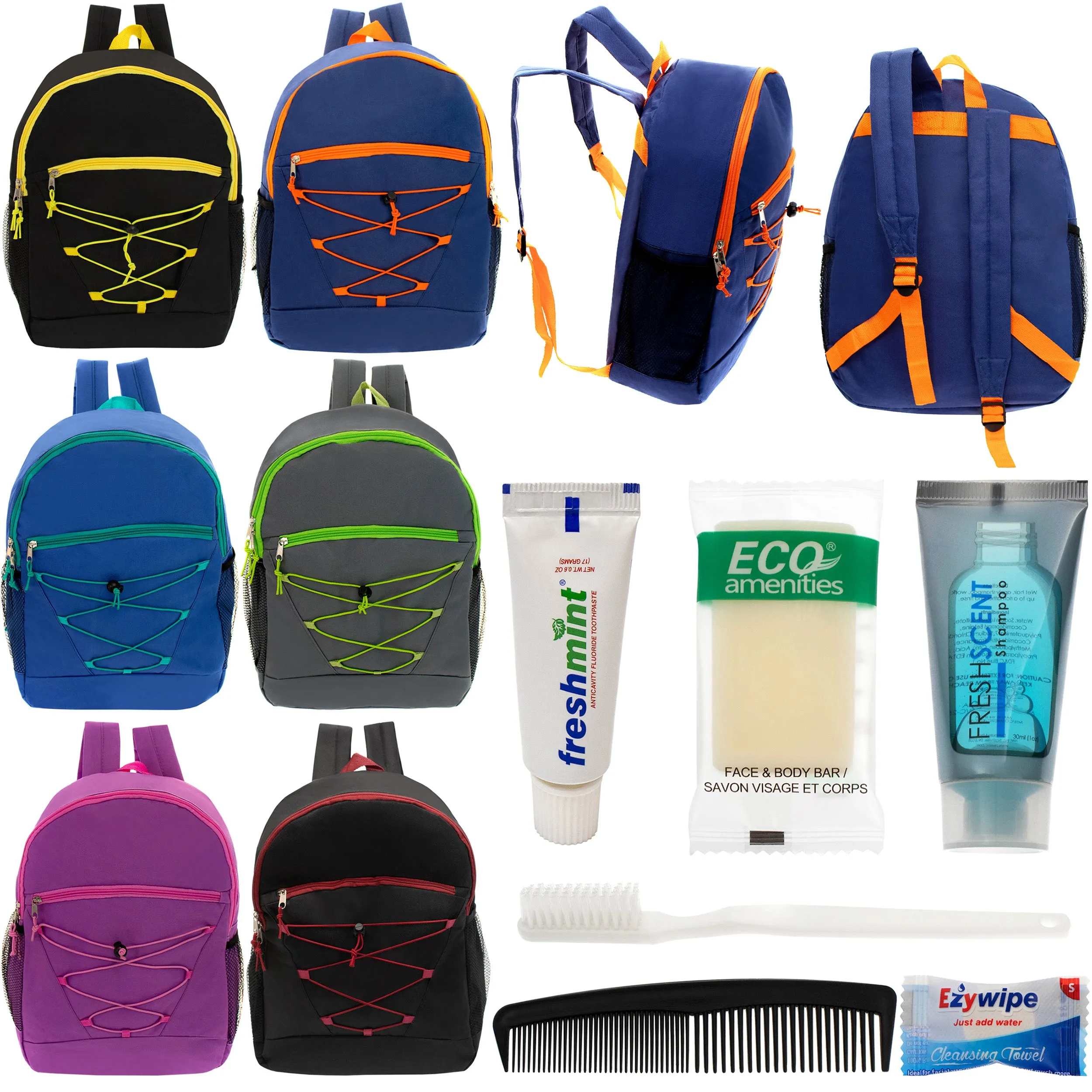 12 Bungee 17" Backpacks in 6 Colors & Your Choice of 12 Bulk Hygiene Kits - Wholesale Care Package: Homeless, Emergency, Charity