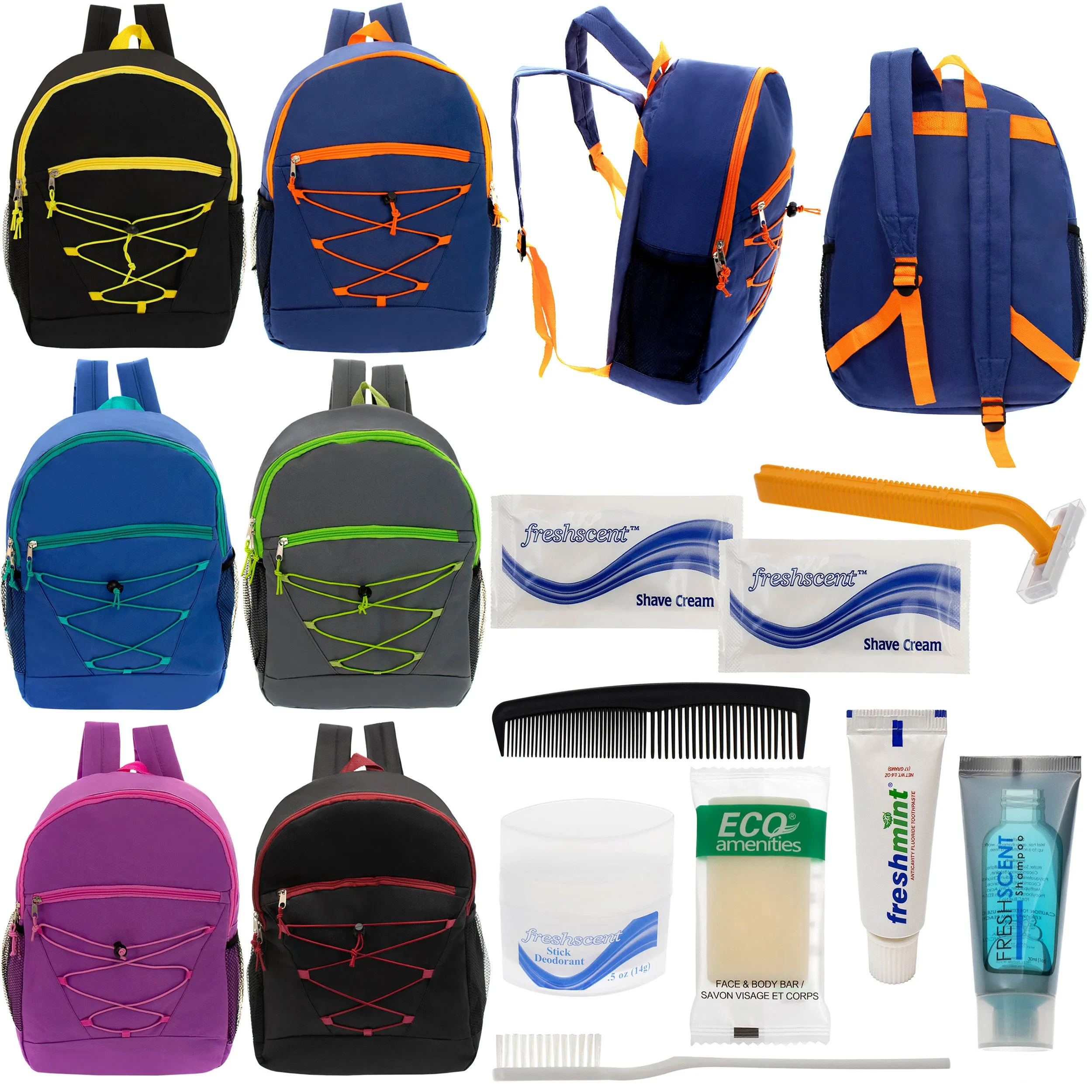 12 Bungee 17" Backpacks in 6 Colors & Your Choice of 12 Bulk Hygiene Kits - Wholesale Care Package: Homeless, Emergency, Charity