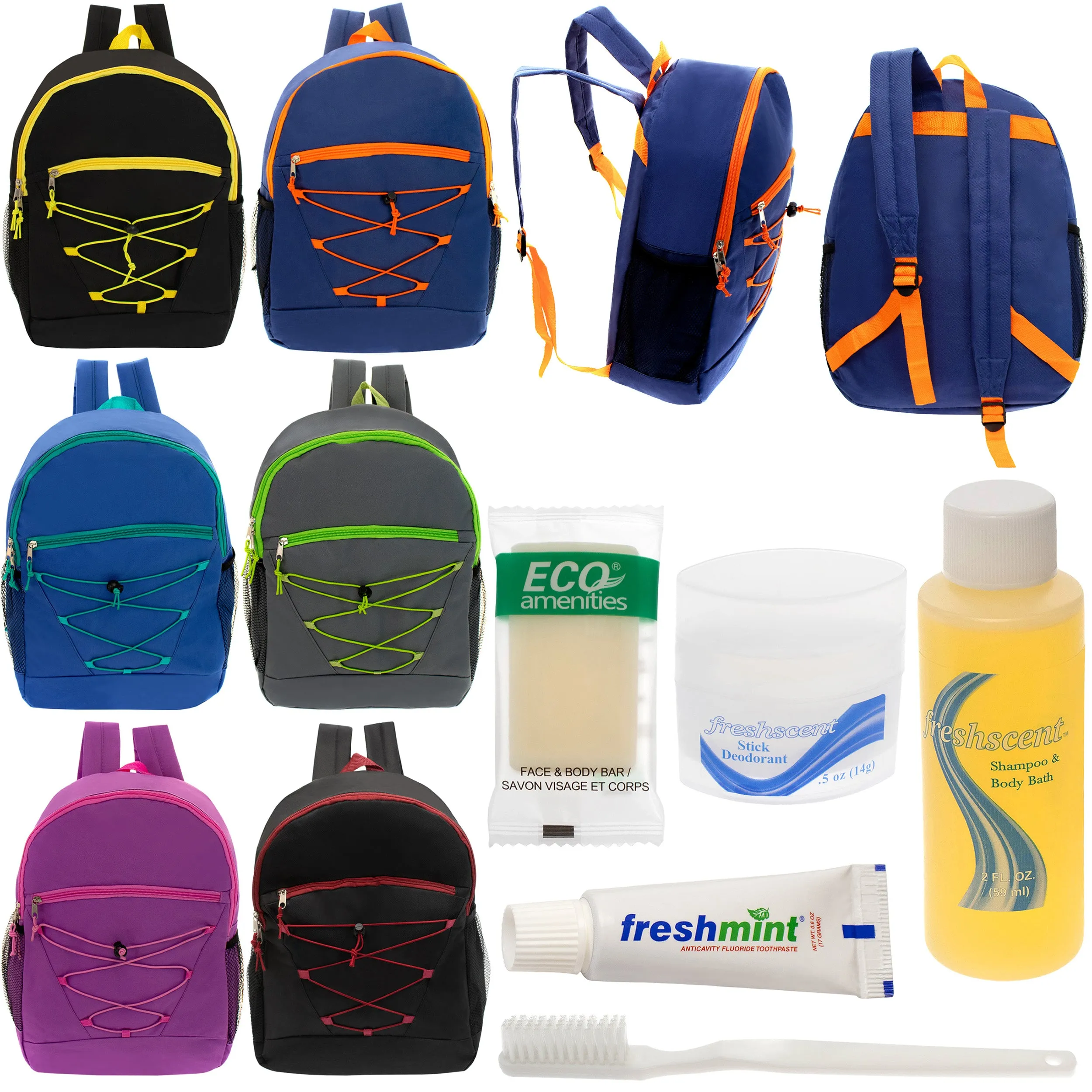 12 Bungee 17" Backpacks in 6 Colors & Your Choice of 12 Bulk Hygiene Kits - Wholesale Care Package: Homeless, Emergency, Charity