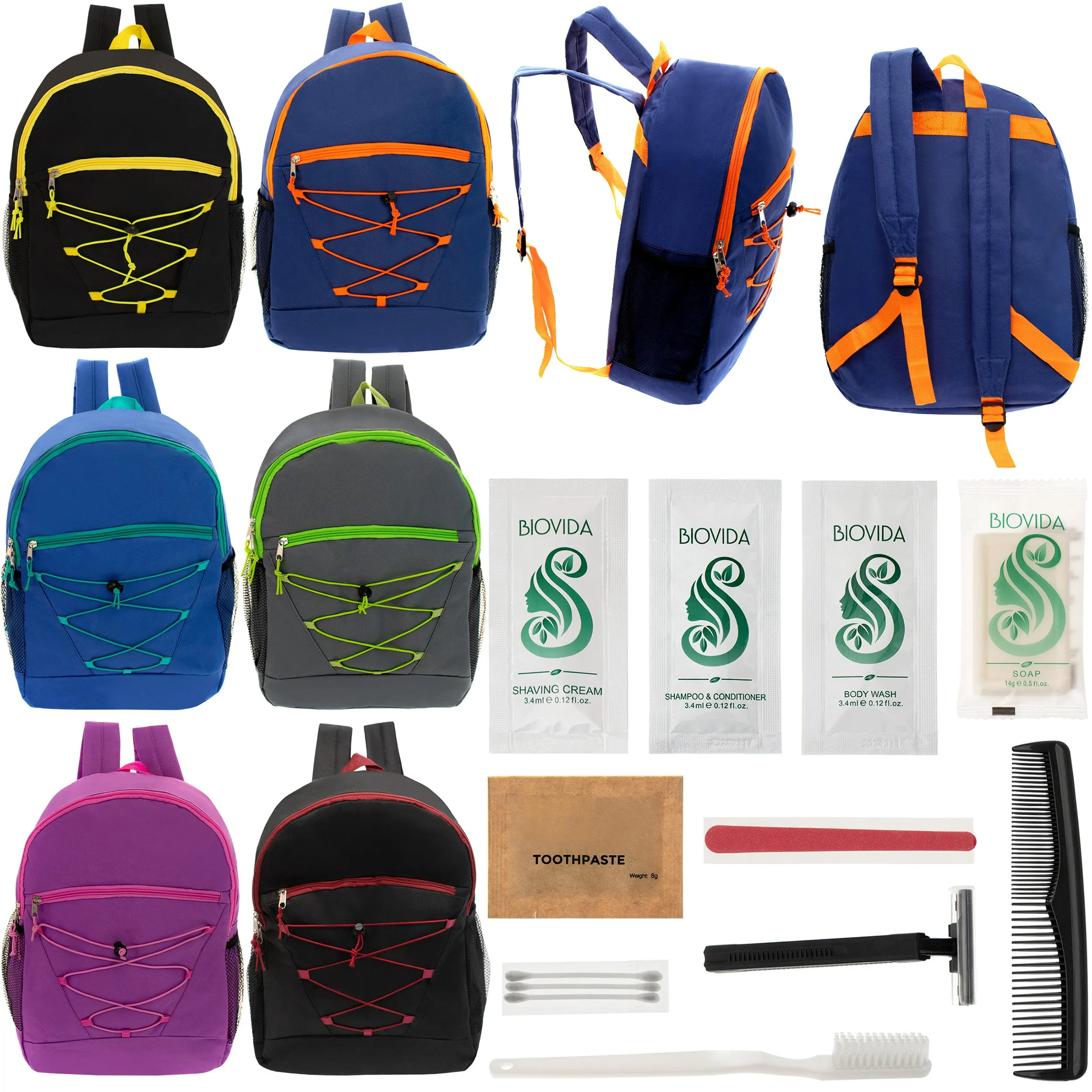 12 Bungee 17" Backpacks in 6 Colors & Your Choice of 12 Bulk Hygiene Kits - Wholesale Care Package: Homeless, Emergency, Charity