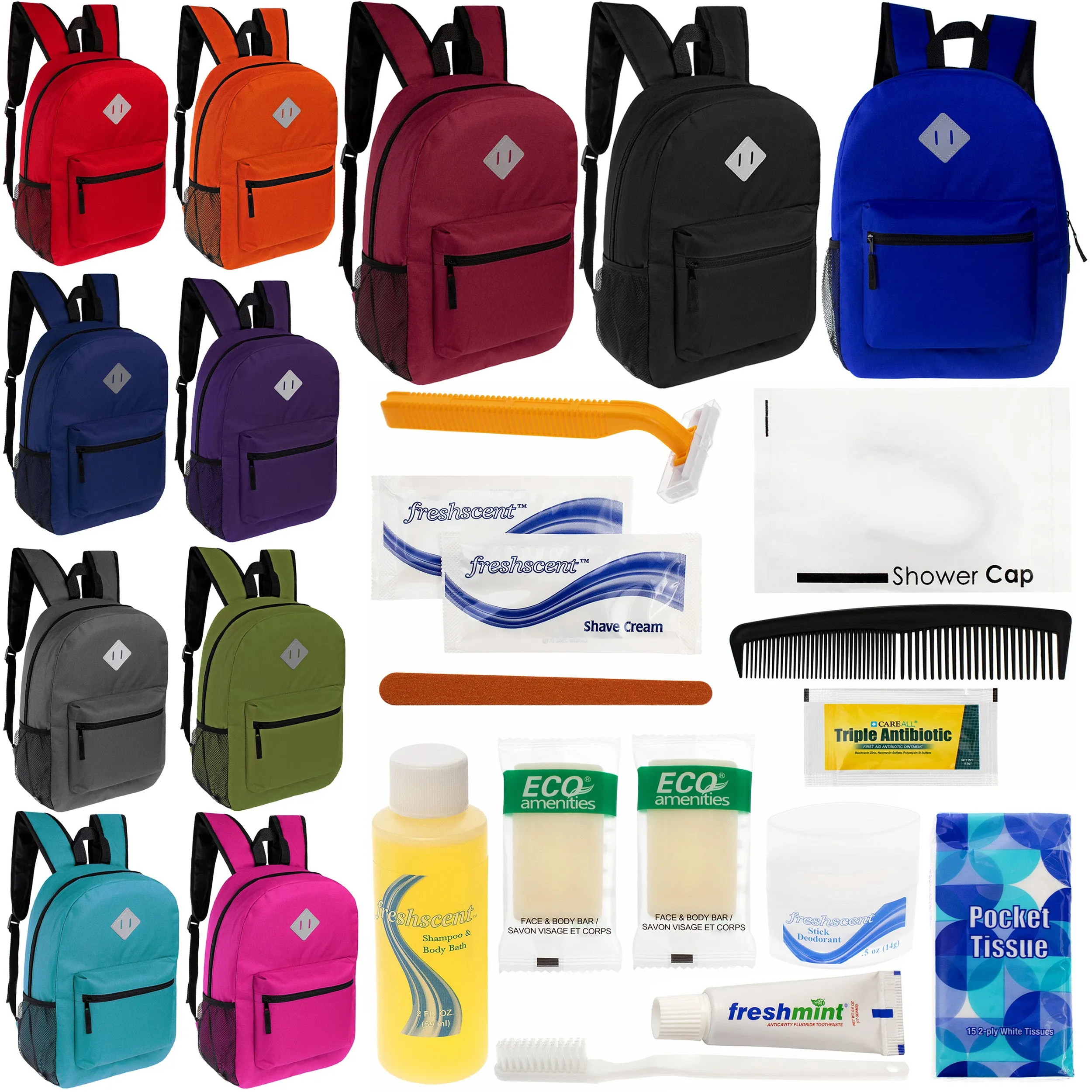 12 Diamond Patch 17" Backpacks in 11 Colors & Your Choice of 12 Bulk Hygiene Kits - Wholesale Care Package: Homeless, Emergency, Charity