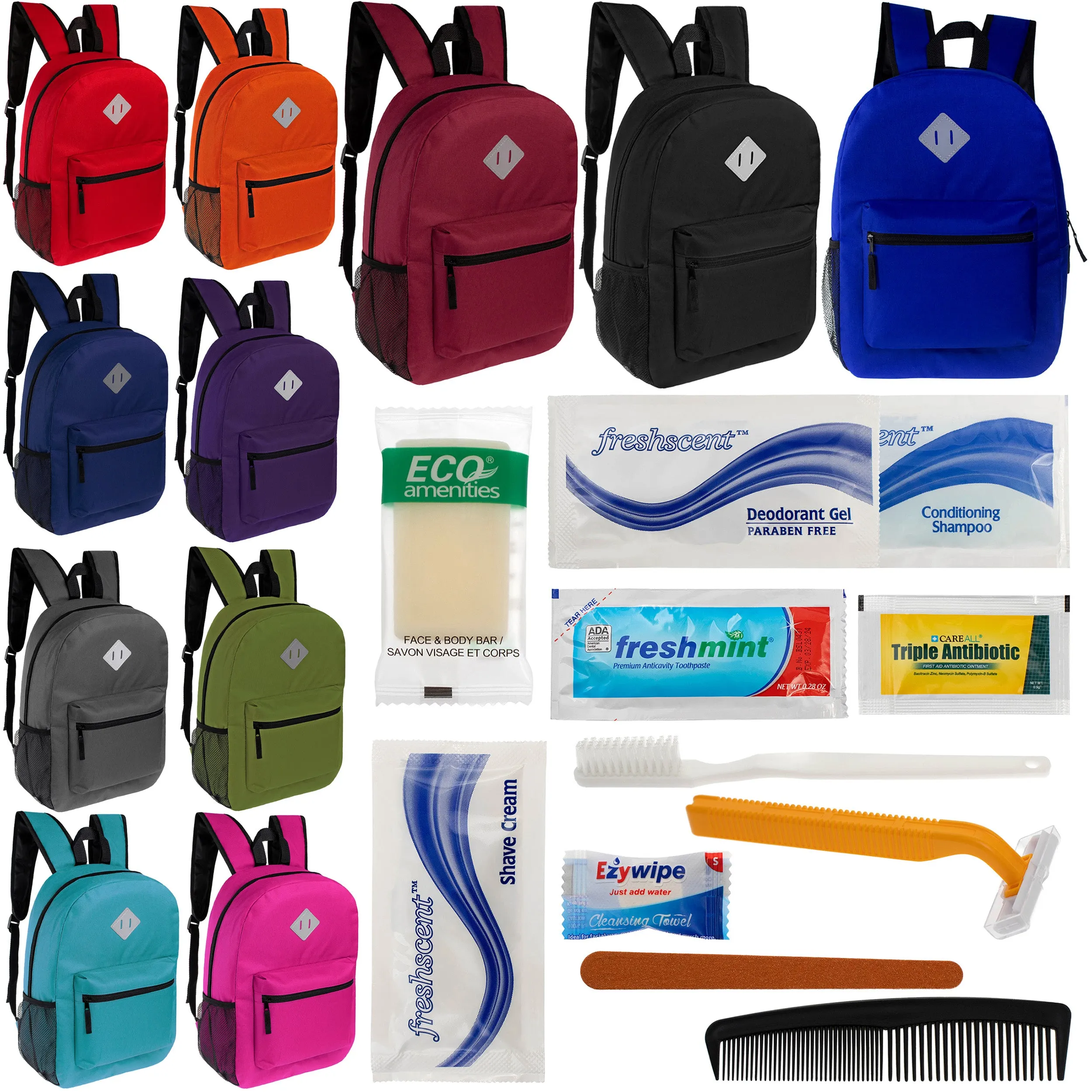 12 Diamond Patch 17" Backpacks in 11 Colors & Your Choice of 12 Bulk Hygiene Kits - Wholesale Care Package: Homeless, Emergency, Charity