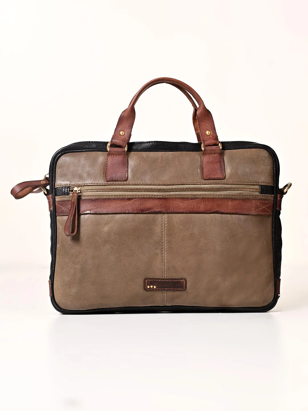 Art N Vintage Winger : Olive With Black Real Leather Laptop Bag