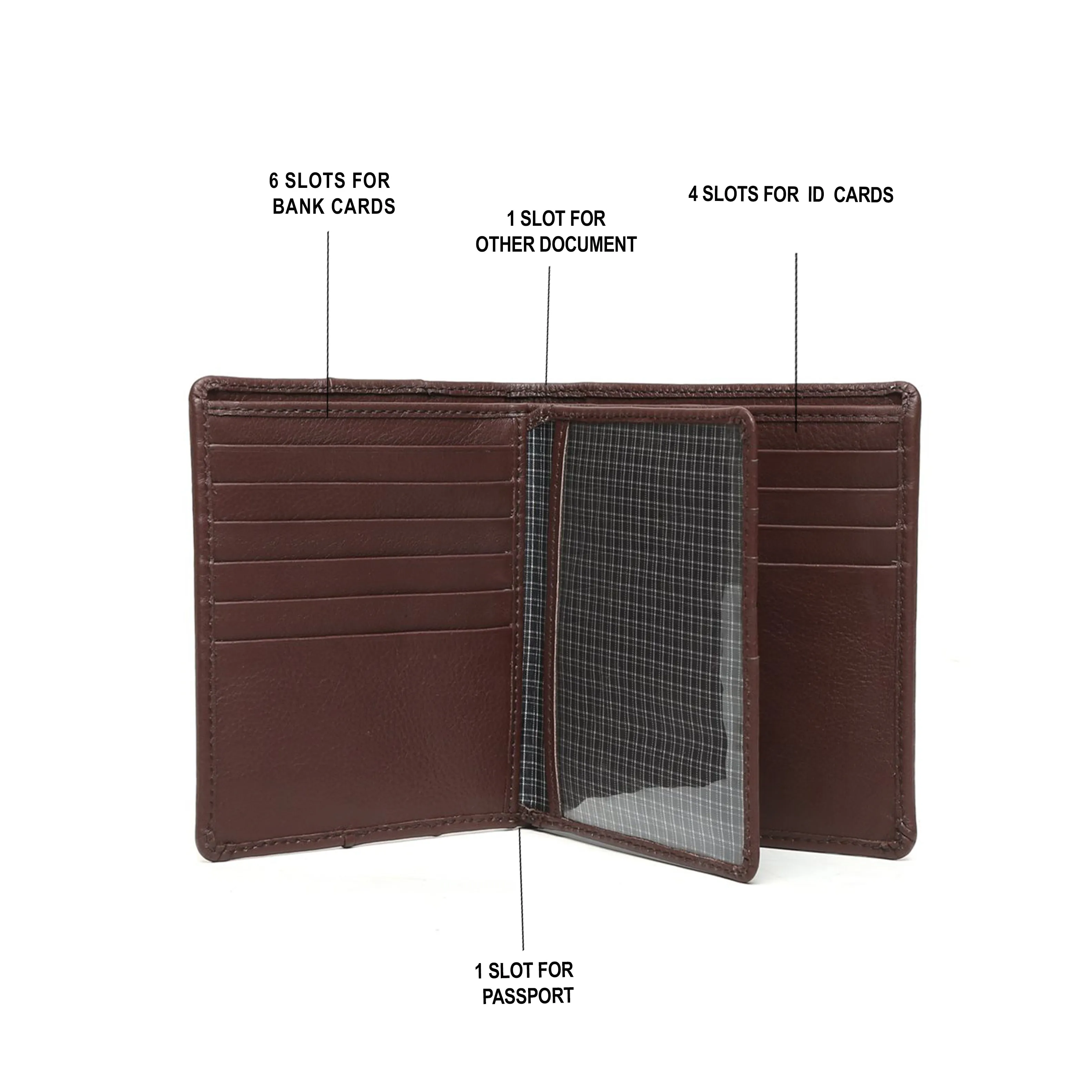 Brown passport holder with metal lion logo and wallet  cards slots in one .