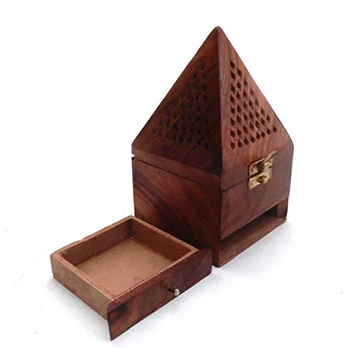 CRAFTSLY SHOPPEE Wooden Incense Sticks Holder Wooden Pyramid Incense Box Ash Catcher Home Fragrance Stand Holder Agarbatti & Dhoop Dan(Box) Brown(Triangular)