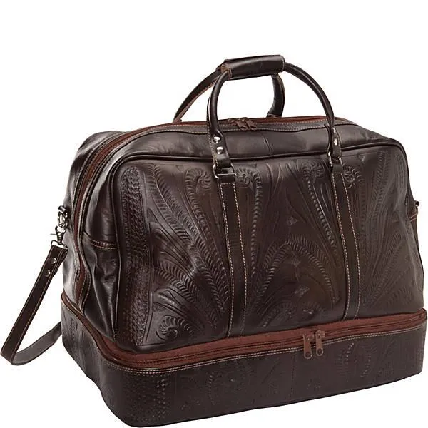 Duffle Bag with False Bottom in Hand Tooled Leather, Multi Colors 8394-LG