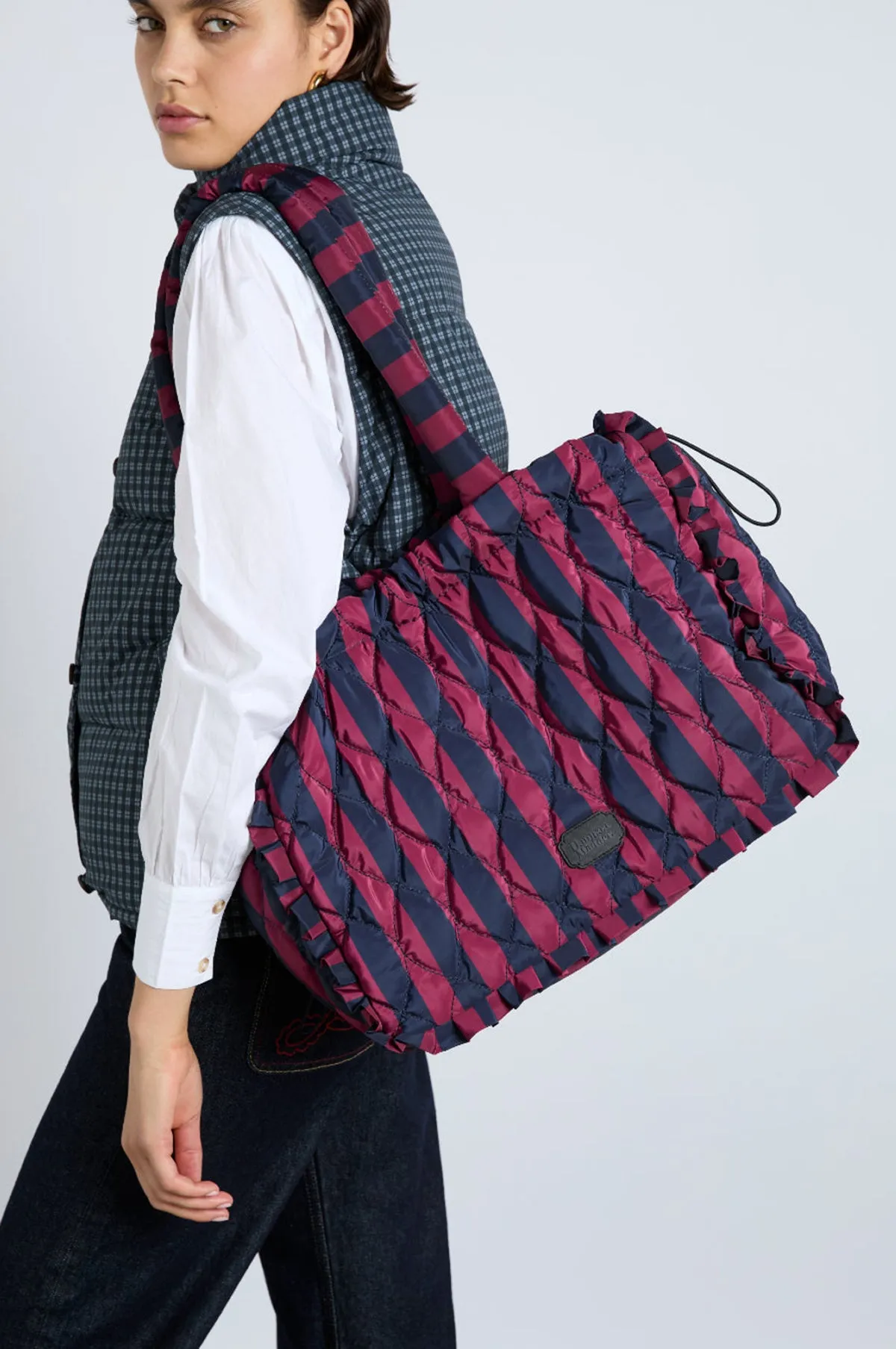 Frill Edge Ruched Tote Bag Navy/Burgundy Stripe