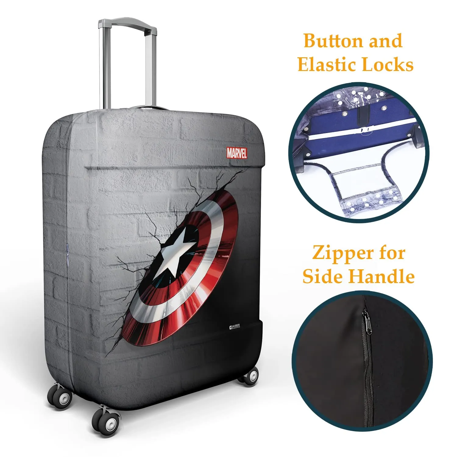 Heart Home Marvel Captain America Shield Luggage Cover | Polyester Travel Suitcase Cover | Washable | Stretchable Suitcase Protector | 18-22 Inch | Small | Gray