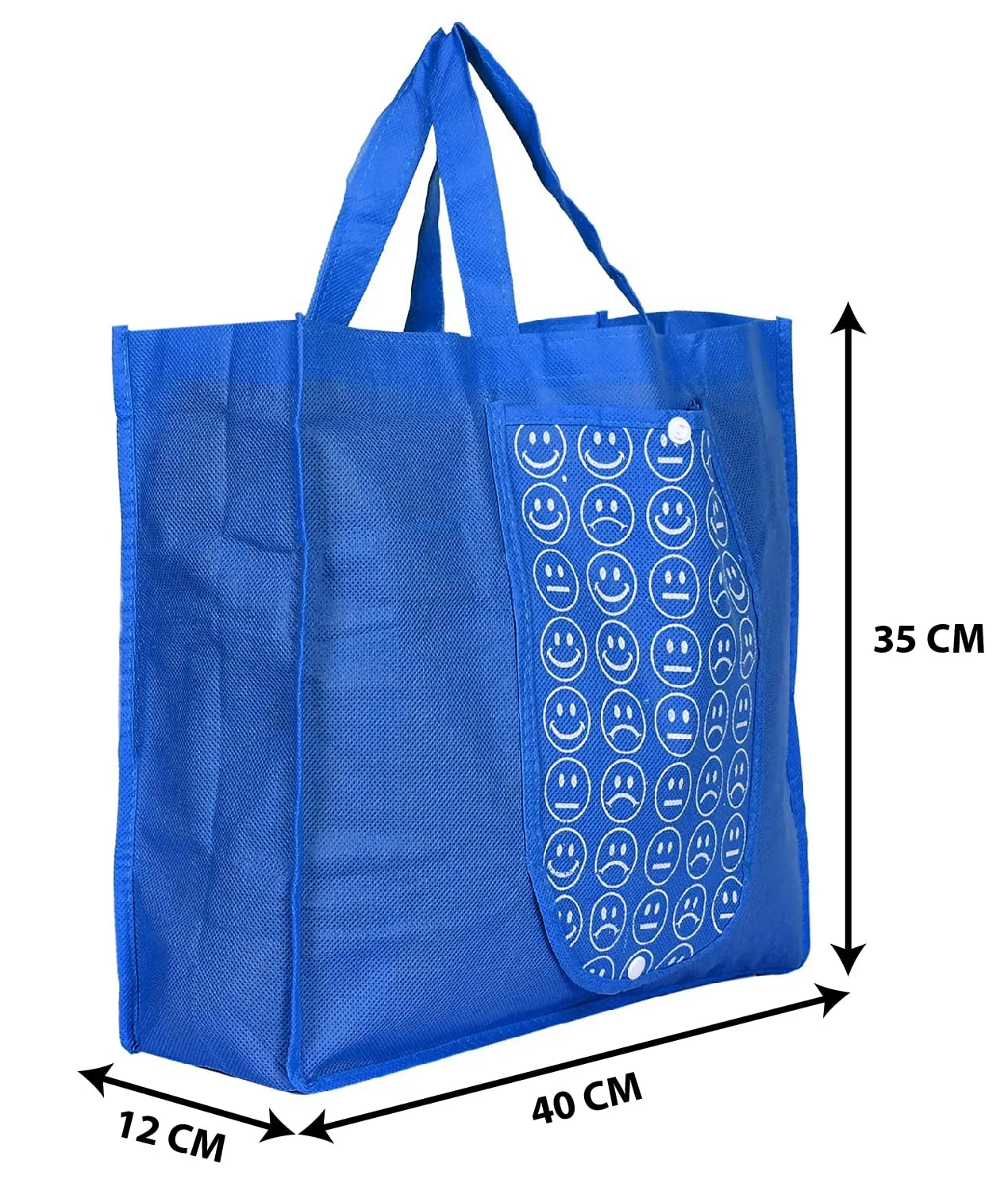 Heart Home Smiley Printed Foldable Non-Woven Grocery Shopping Bag with One Small Pocket- Pack of 2 (Blue) -45LUGHH067