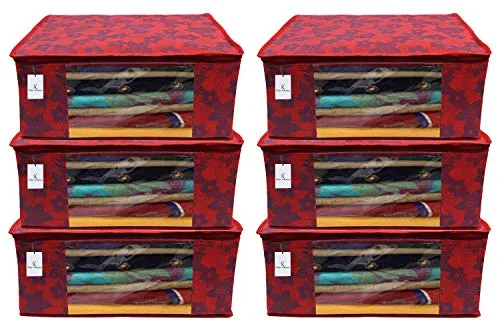 Kuber Industries Clothes Organizer For Wardrobe (Pack of 6) - Storage Organizer For Saree | Shirts | Salwar | Lehenga | Kurti | Clothes - Dress Organizer For Wardrobe - Saree Covers With Zip (Red)