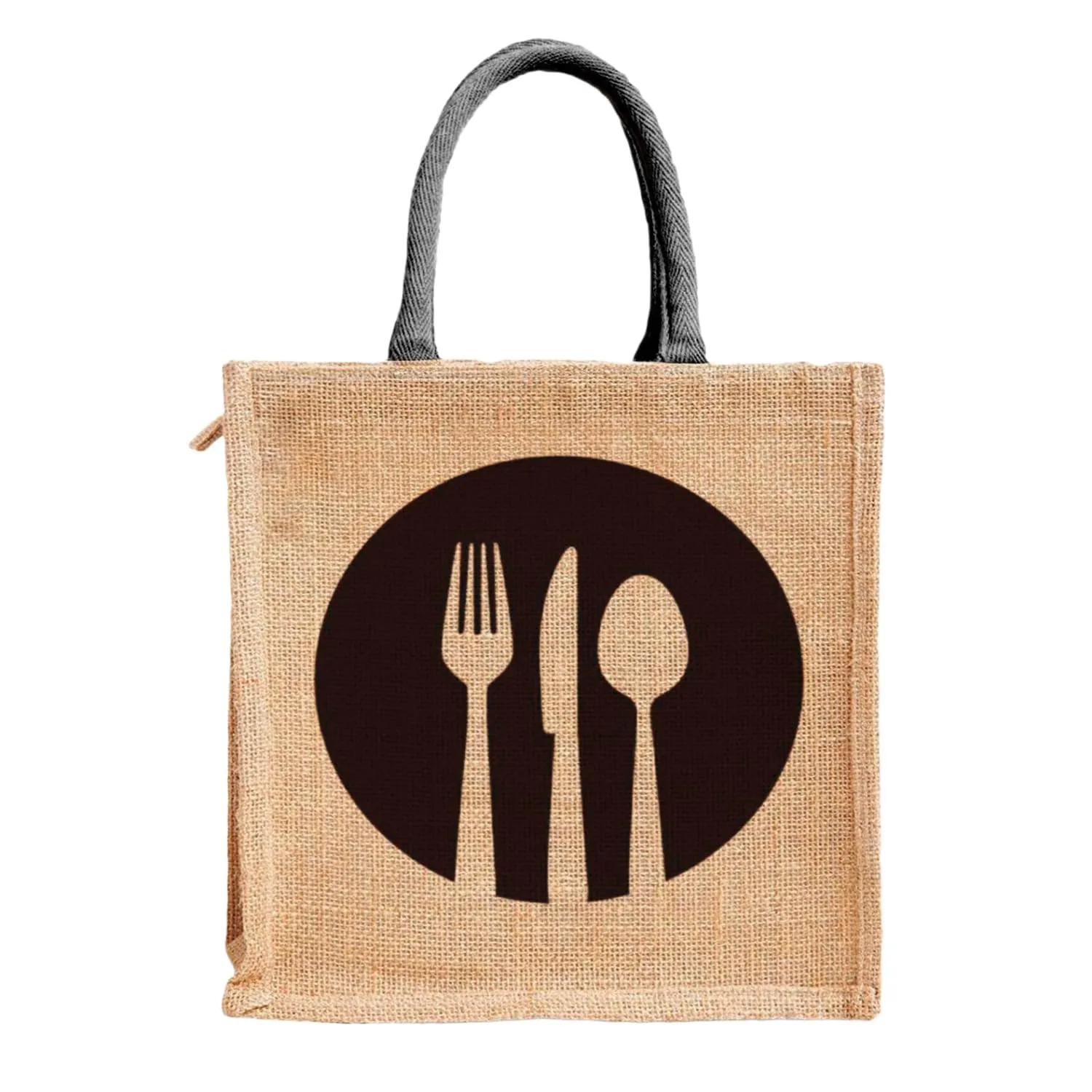 Kuber Industries Grocery Bag | Jute Carry Bag | Reusable Shopping Bag | Lunch Handbag | Zipper Grocery Bag with Handle | Black Spoon Fork-Print Grocery Bag | Brown