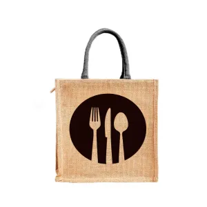 Kuber Industries Grocery Bag | Jute Carry Bag | Reusable Shopping Bag | Lunch Handbag | Zipper Grocery Bag with Handle | Black Spoon Fork-Print Grocery Bag | Brown