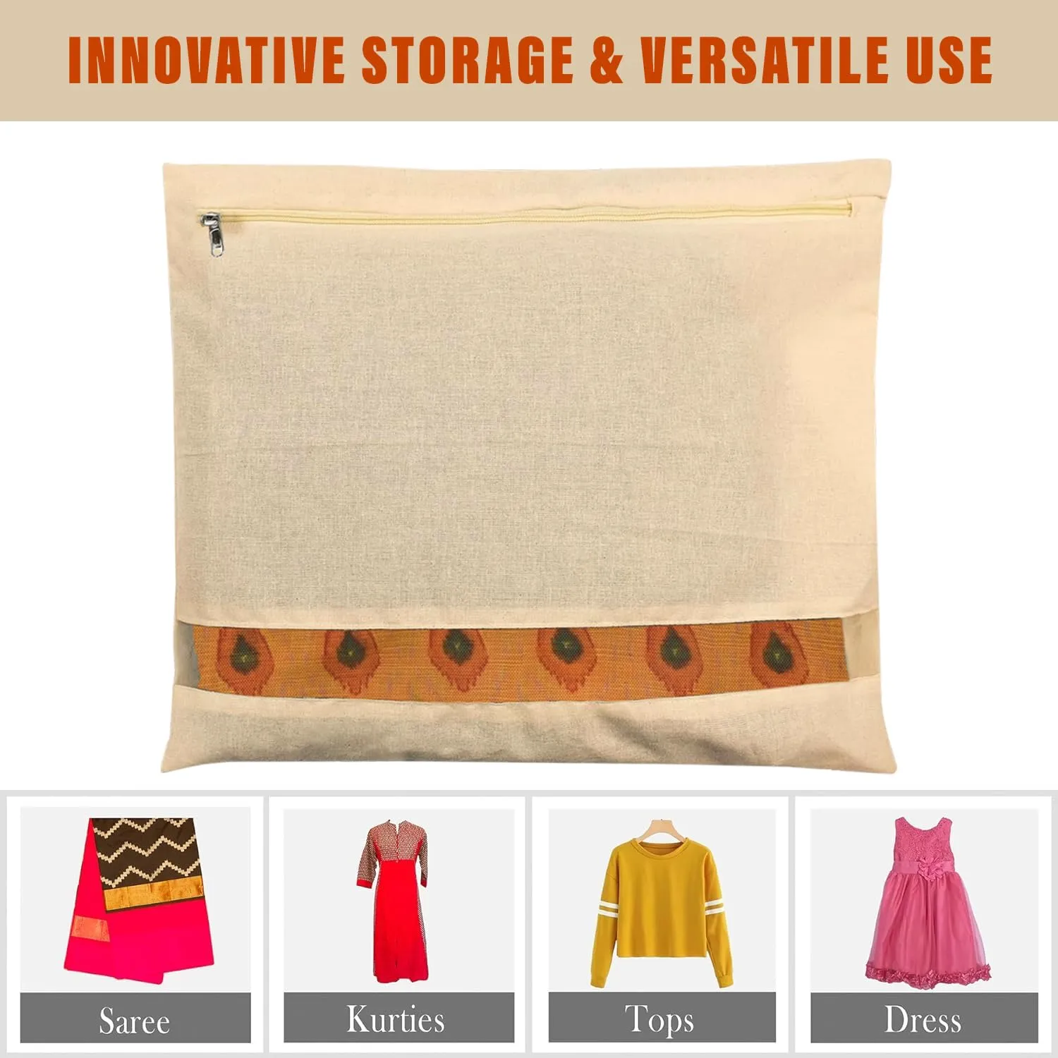 Kuber Industries Saree Bags | Clothes Bags for Storage | Cotton Wardrobe Organizer | Mesh Window Cloth Storage Bags Set | Single Packing Saree Bags | Pack of 5 | Cream