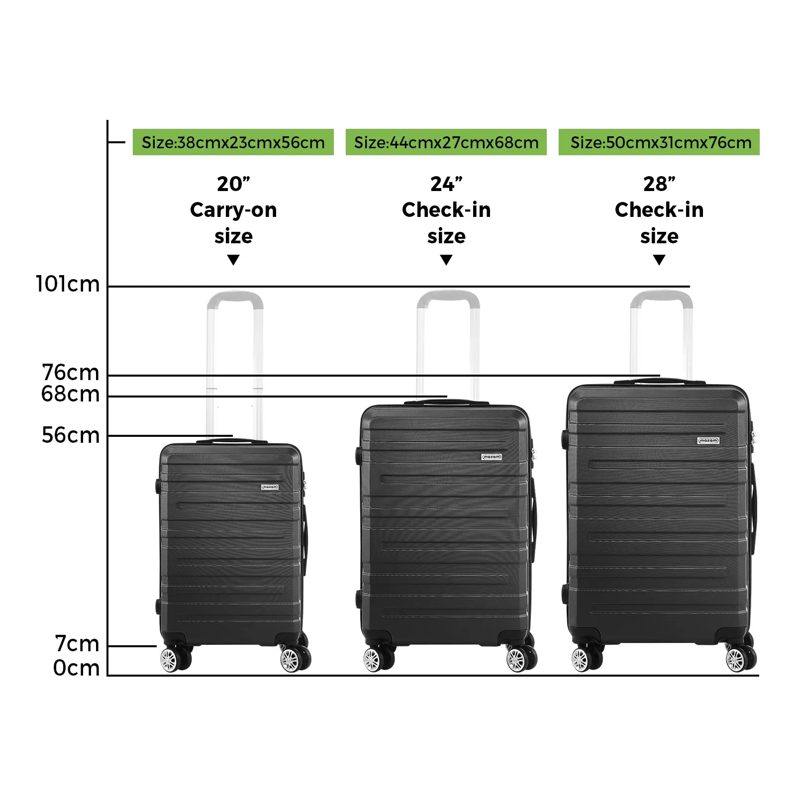 Mazam 3PCS Luggage Suitcase Trolley Set Travel TSA Lock Storage Hard Case Black