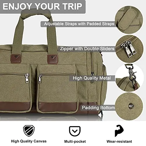 Seyfocnia Canvas Travel Duffel Bag with Shoe Compartment-Green