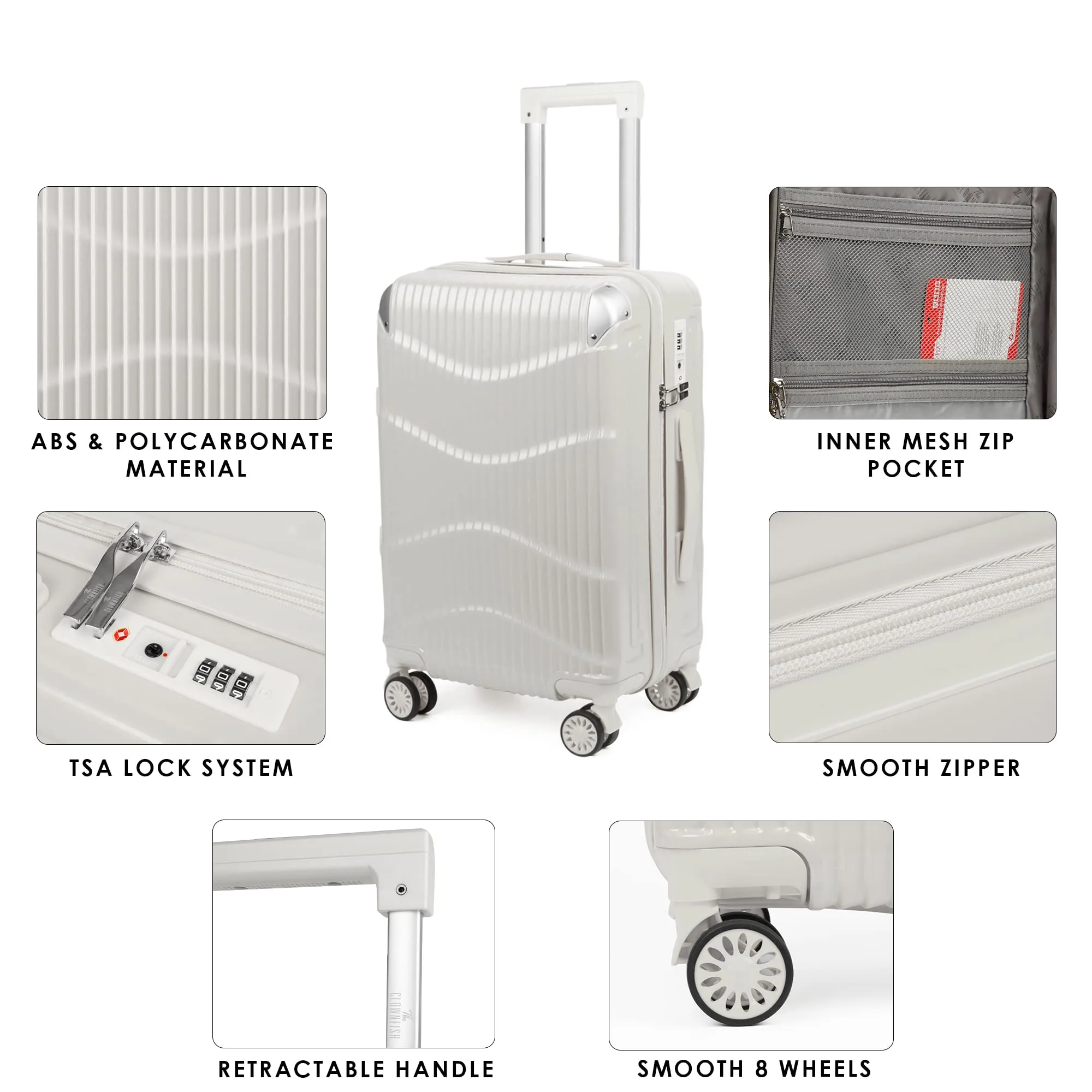 THE CLOWNFISH Combo of 2 Ballard Series Luggage ABS & Polycarbonate Exterior Suitcases Eight Wheel Trolley Bags with TSA Lock-White (Medium 65 cm-26 inch, Small 55 cm-22 inch)