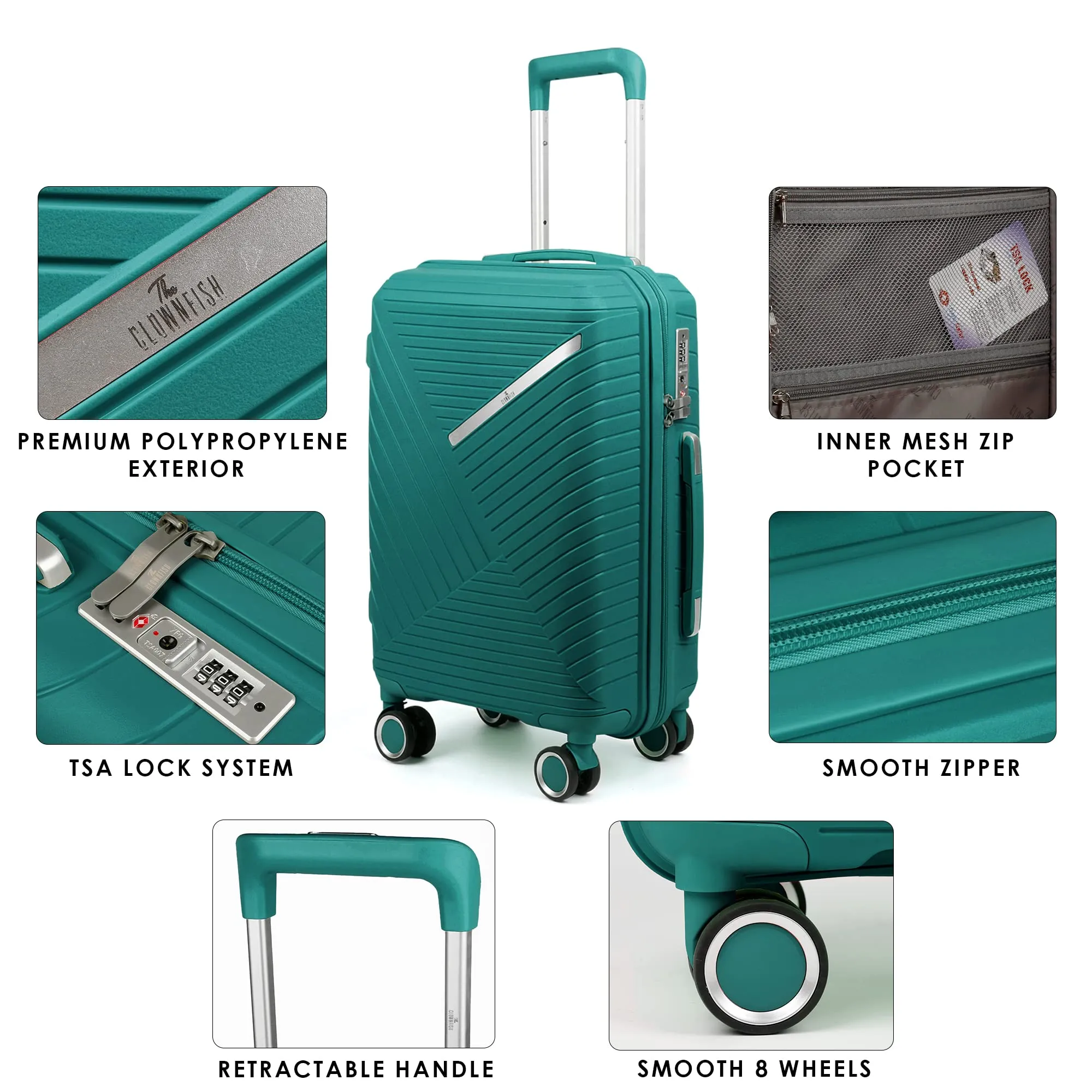 THE CLOWNFISH Combo of 2 Denzel Series Luggage Polypropylene Hard Case Suitcases Eight Wheel Trolley Bags with TSA Lock- Teal (Medium 66 cm-26 inch, Small 56 cm-22 inch)