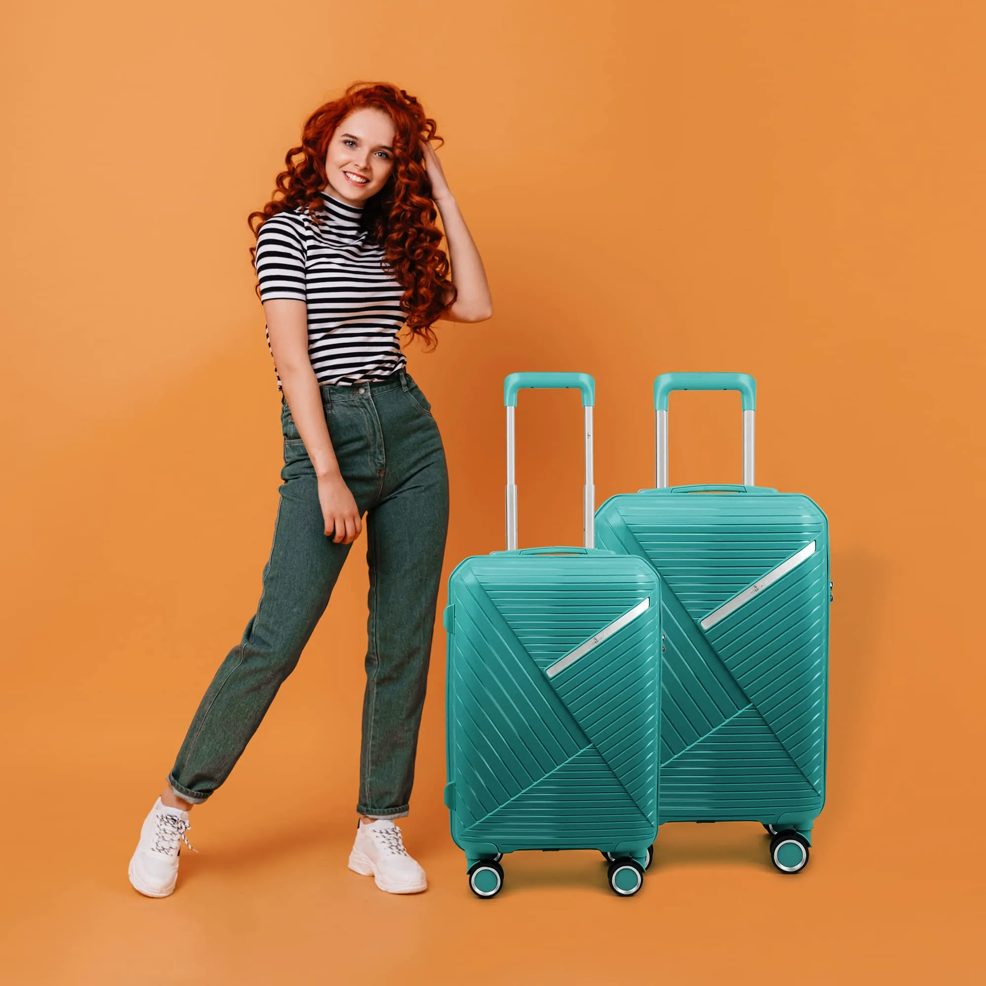 THE CLOWNFISH Combo of 2 Denzel Series Luggage Polypropylene Hard Case Suitcases Eight Wheel Trolley Bags with TSA Lock- Teal (Medium 66 cm-26 inch, Small 56 cm-22 inch)