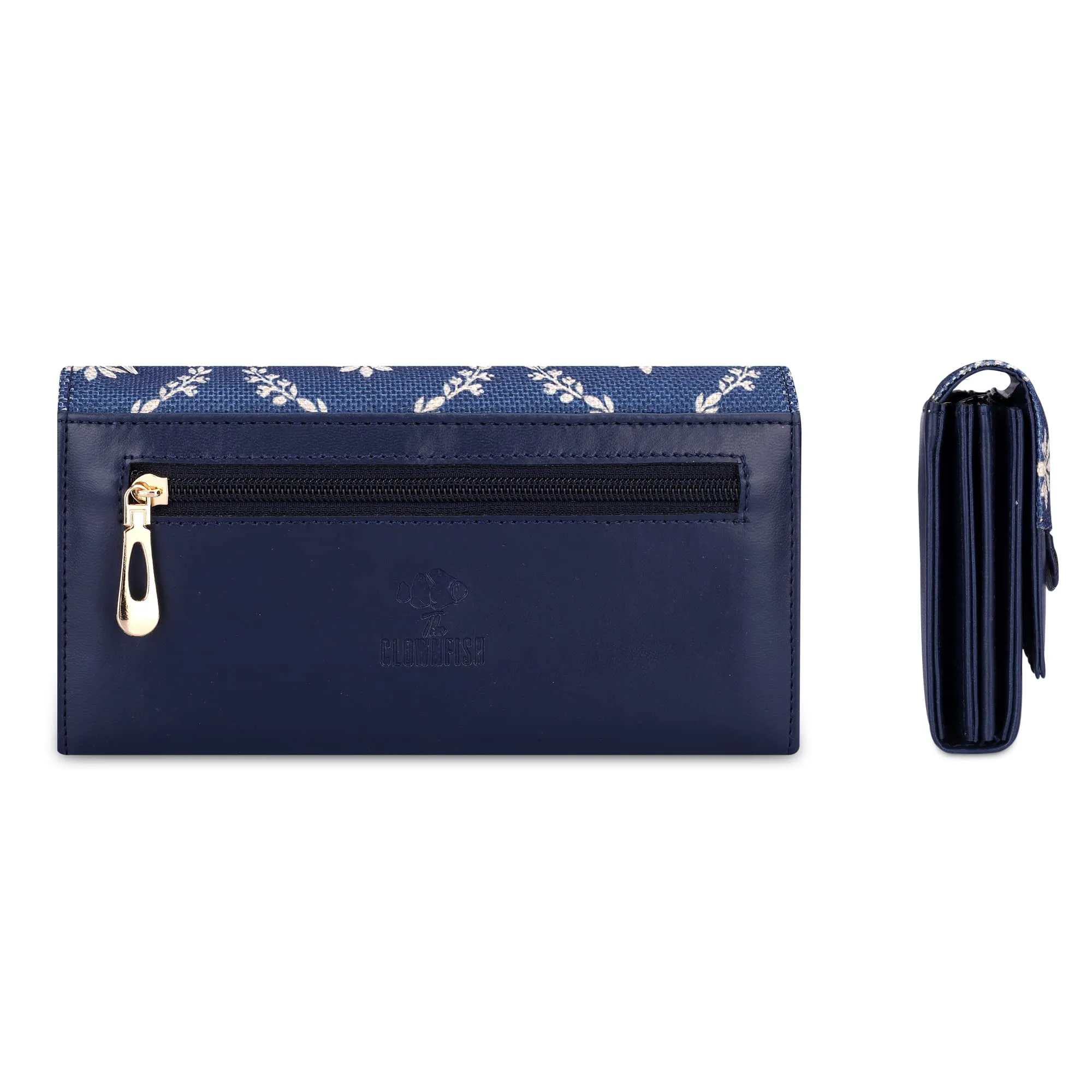 THE CLOWNFISH Ladyluxe Collection Printed Handicraft Fabric & Faux Leather Womens Wallet Clutch Ladies Purse with Snap Flap Closure & Multiple Card Slots (Royal Blue)