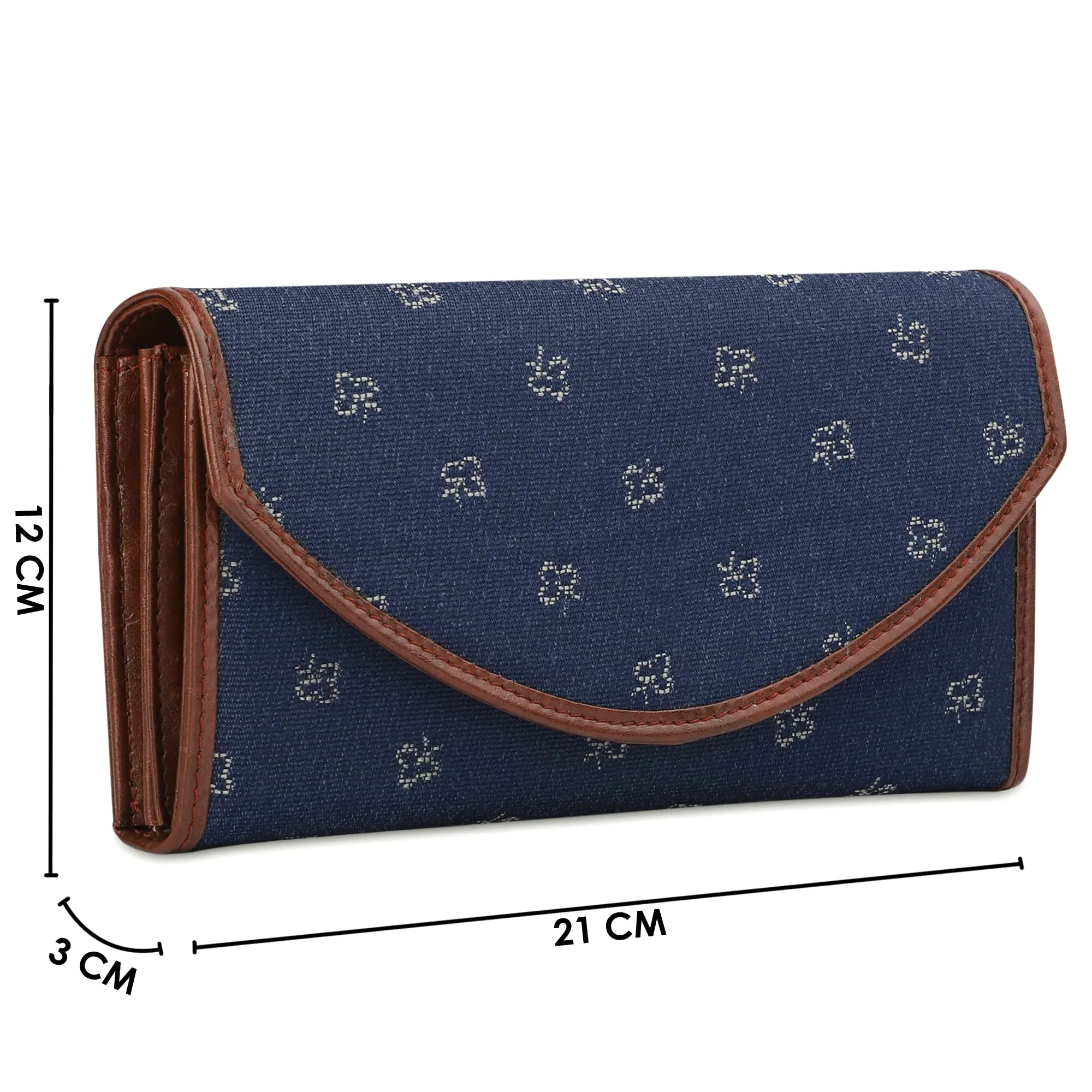 THE CLOWNFISH Mia Collection Tapestry Fabric & Faux Leather Snap Flap Closure Womens Wallet Clutch Ladies Purse with Multiple Card Holders (Blue-Spade Design)