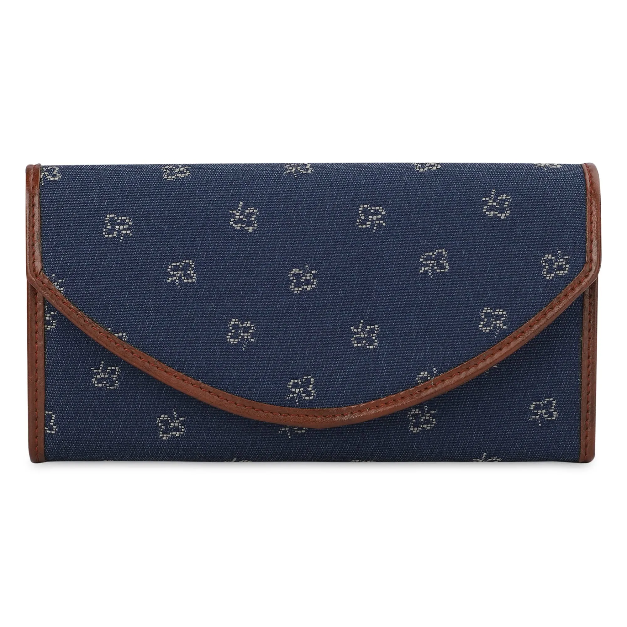 THE CLOWNFISH Mia Collection Tapestry Fabric & Faux Leather Snap Flap Closure Womens Wallet Clutch Ladies Purse with Multiple Card Holders (Blue-Spade Design)