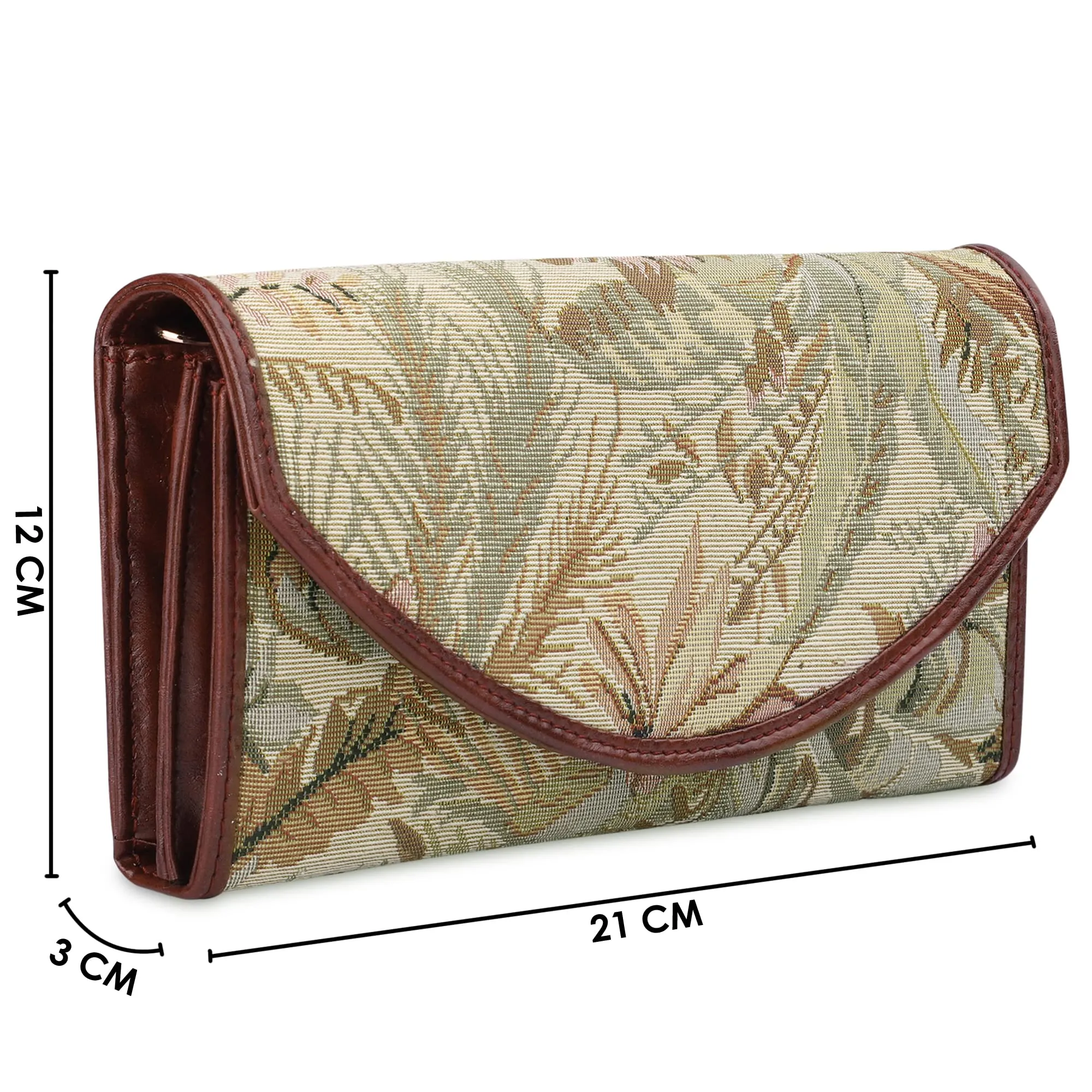 THE CLOWNFISH Mia Collection Tapestry Fabric & Faux Leather Snap Flap Closure Womens Wallet Clutch Ladies Purse with Multiple Card Holders (Flax)