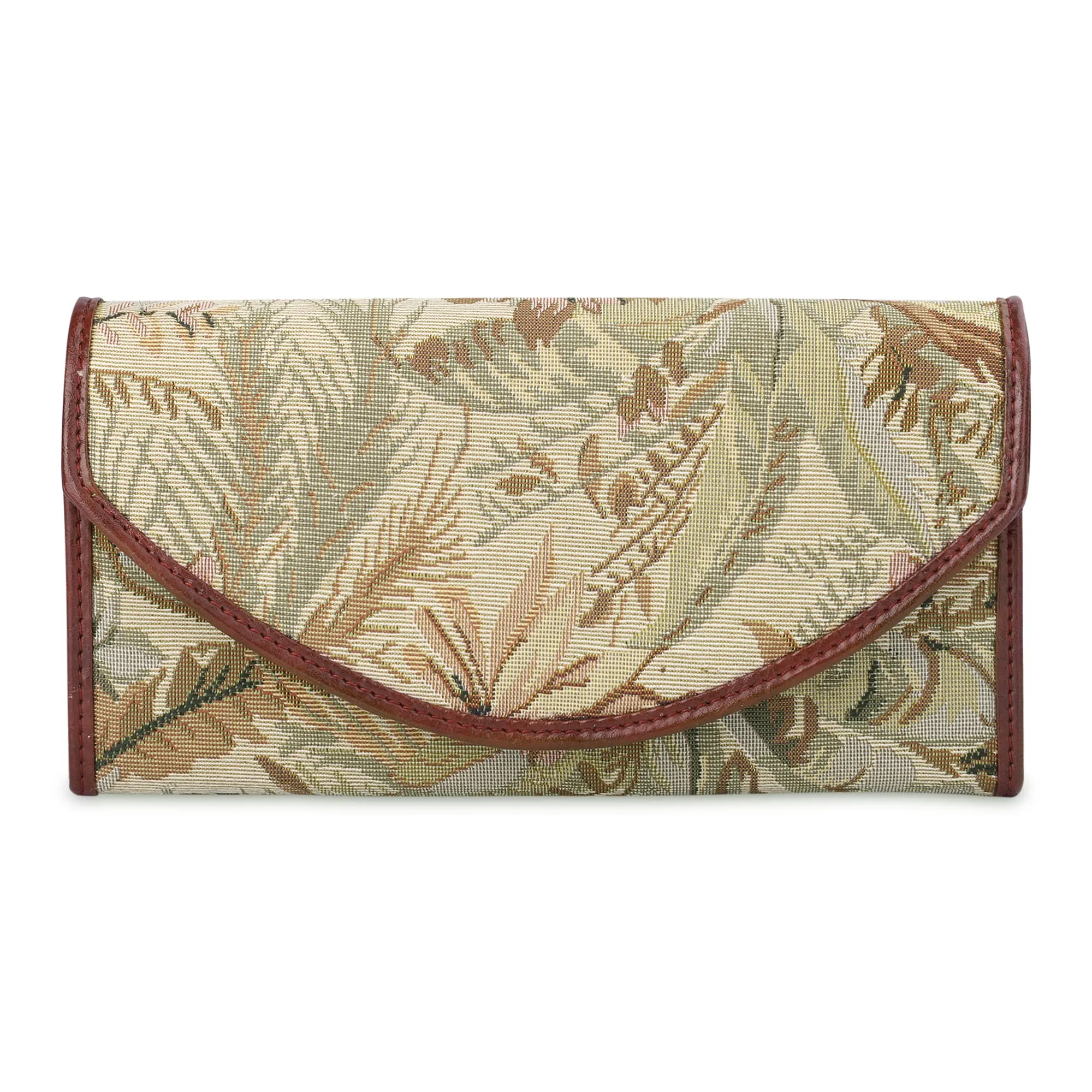 THE CLOWNFISH Mia Collection Tapestry Fabric & Faux Leather Snap Flap Closure Womens Wallet Clutch Ladies Purse with Multiple Card Holders (Flax)