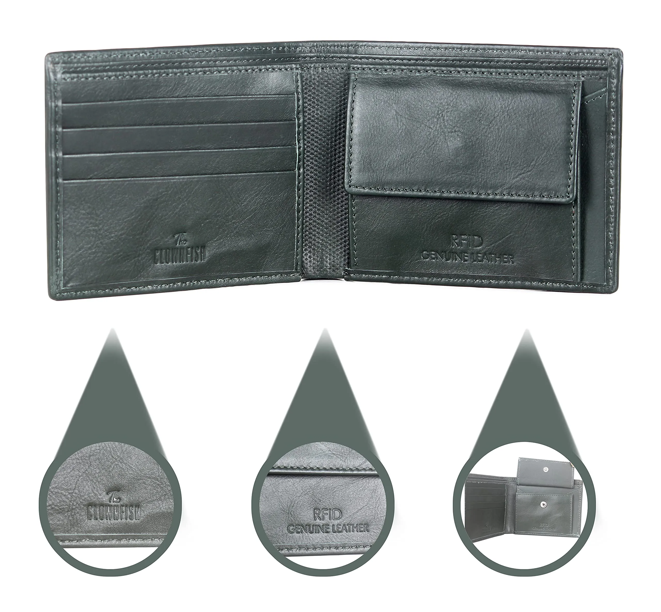 THE CLOWNFISH RFID Protected Genuine Leather Bi-Fold Wallet for Men with Multiple Card Slots & Coin Pocket (Green)