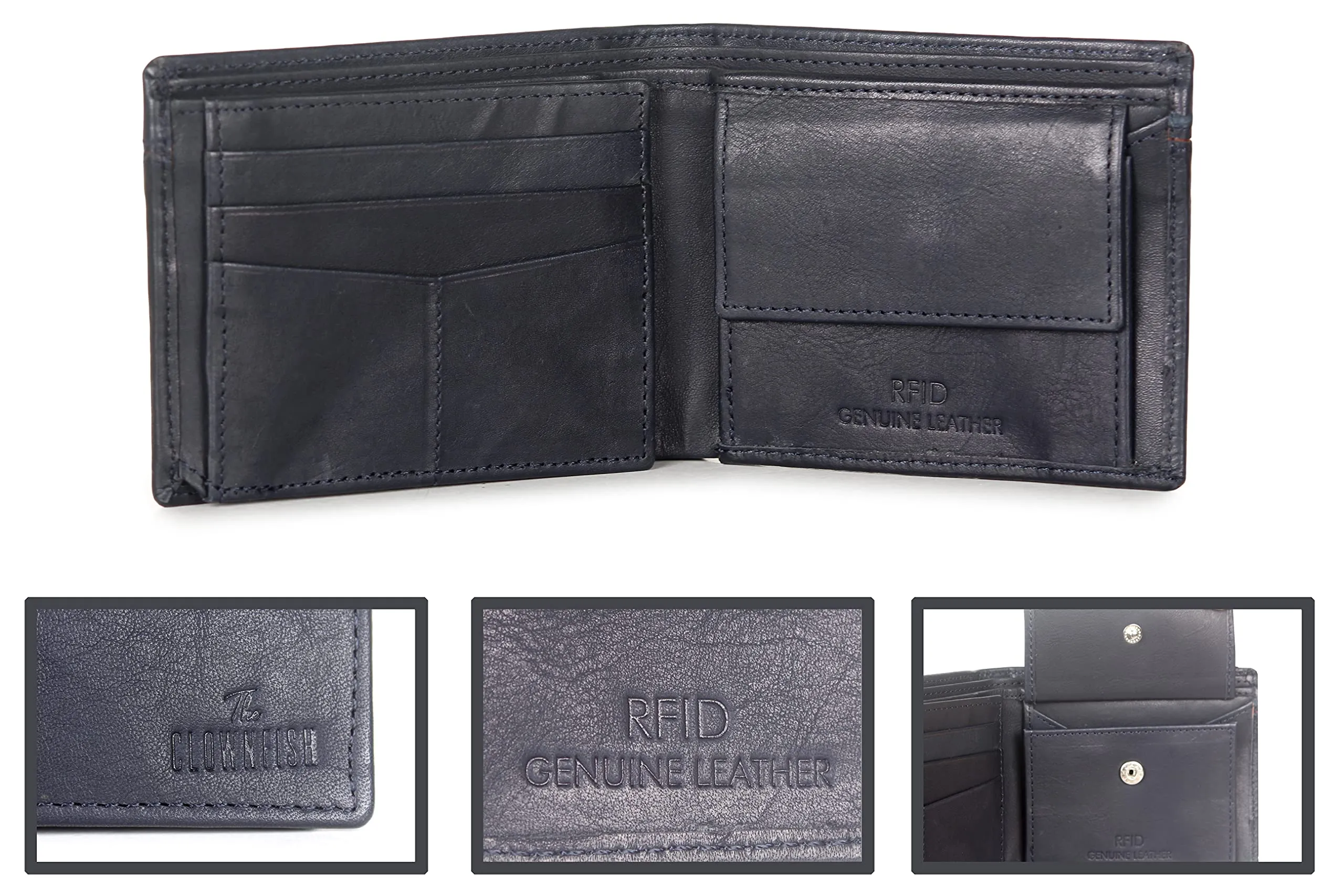 The Clownfish RFID Protected Genuine Leather Bi-Fold Wallet for Men with Multiple Card Slots, Coin Pocket & ID Window (Navy Blue)