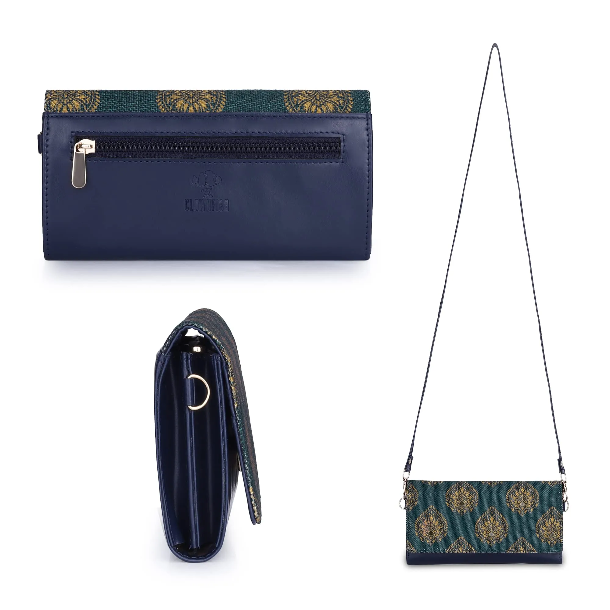 THE CLOWNFISH Women Jolene Printed Handicraft Fabric & Vegan Leather Ladies Wristlet Purse Sling Bag With Multiple Card Slots & Shoulder Belt (Peacock Blue)