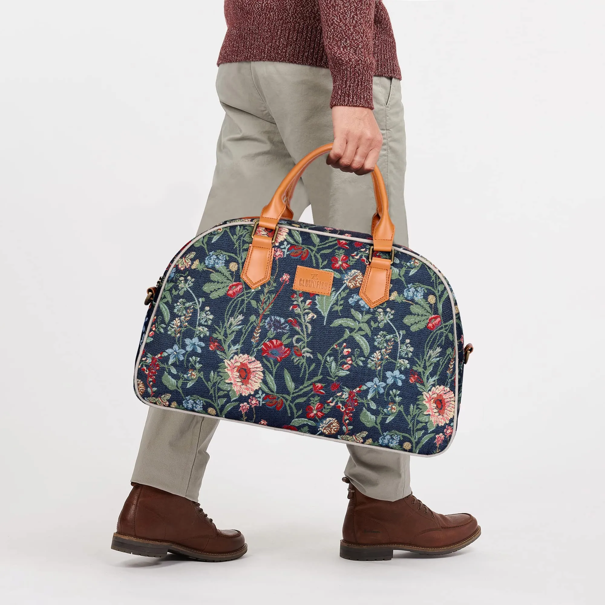 The Clownfish Ziana Series 24 Litres Tapestry & Faux Leather Unisex Travel Duffle Bag Luggage Weekender Bag (Navy Blue-Floral)