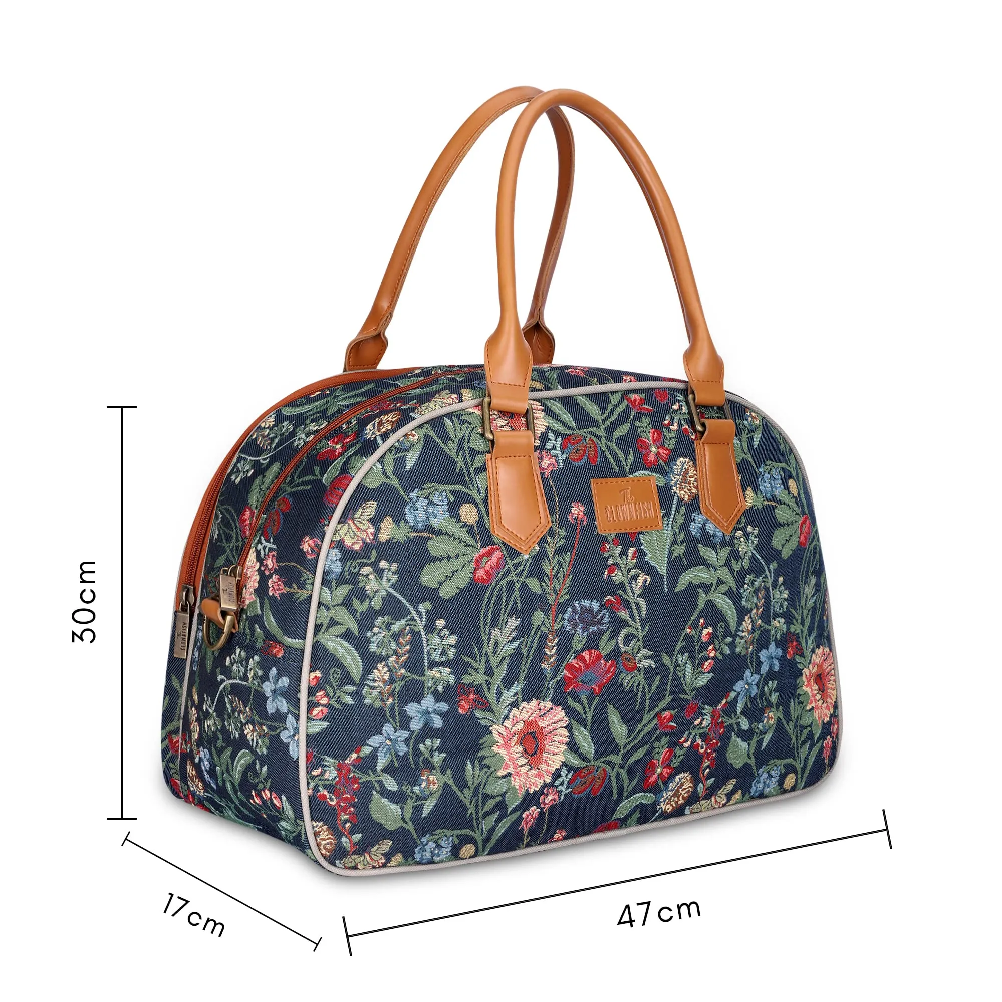 The Clownfish Ziana Series 24 Litres Tapestry & Faux Leather Unisex Travel Duffle Bag Luggage Weekender Bag (Navy Blue-Floral)