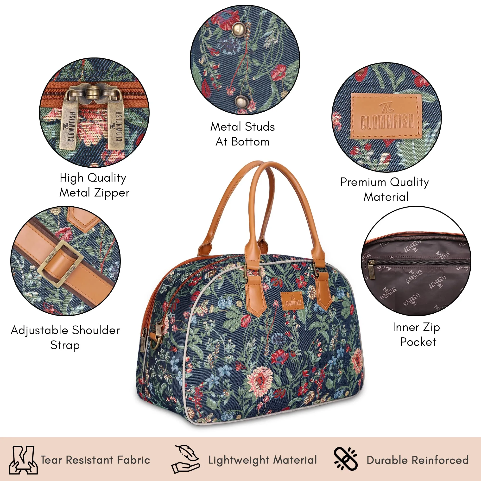 The Clownfish Ziana Series 24 Litres Tapestry & Faux Leather Unisex Travel Duffle Bag Luggage Weekender Bag (Navy Blue-Floral)