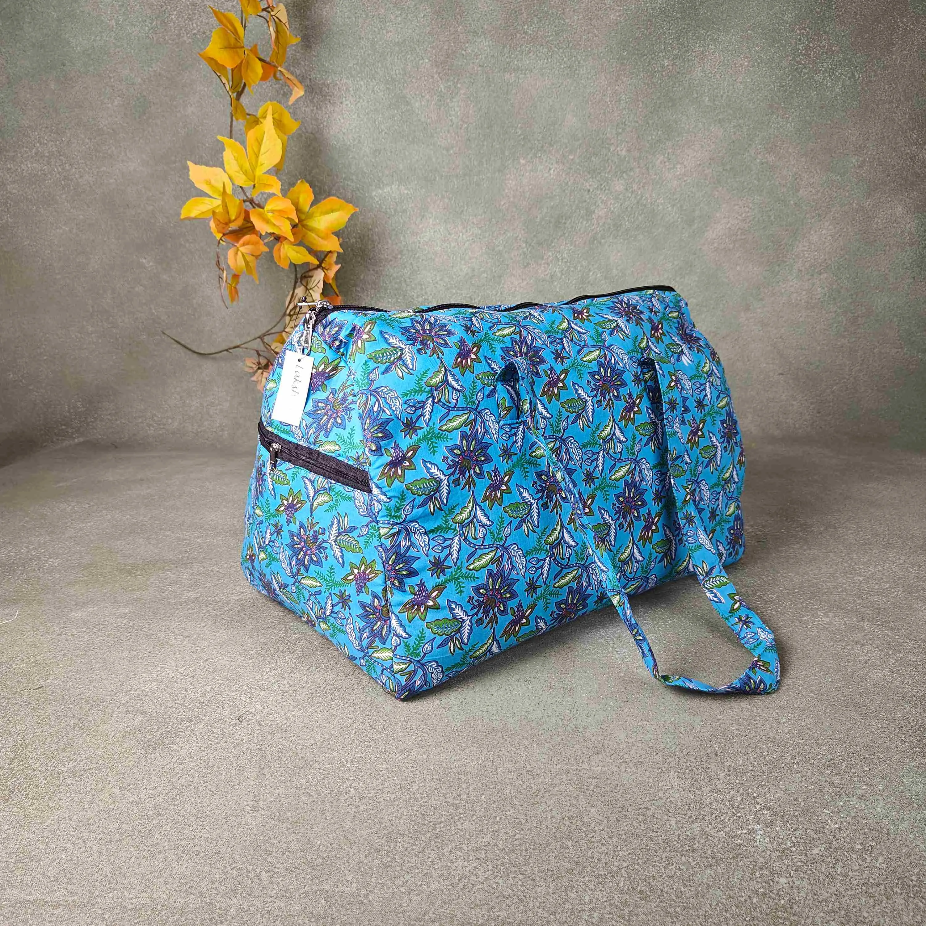 Weekender Travel Bag Blue Colour with Blue and Green Flower Design.