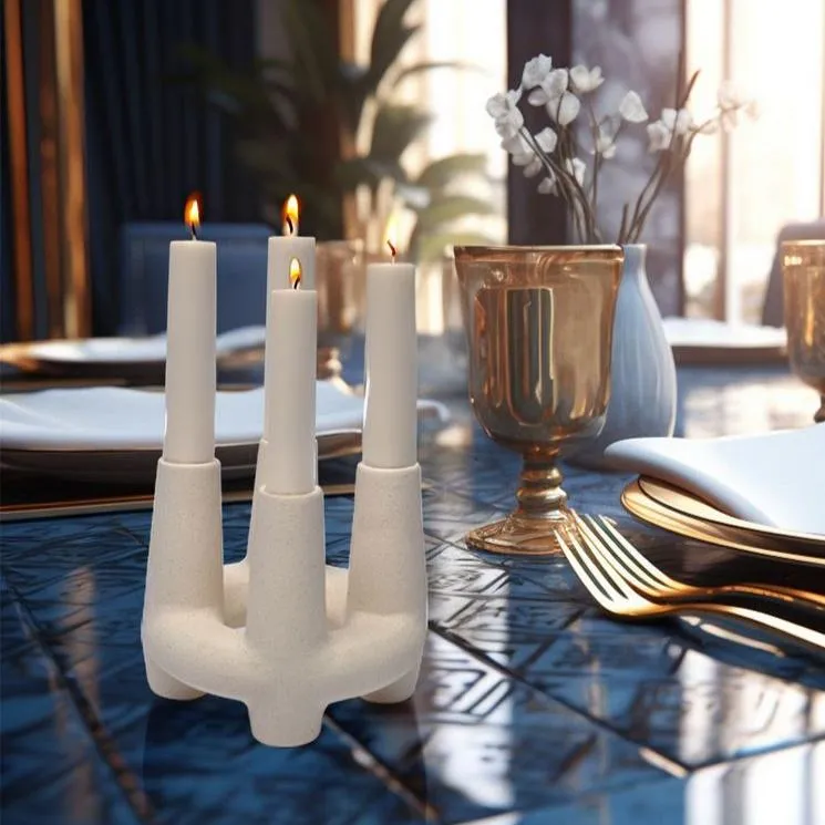 White Four Pillar Ceramic Candle Holder | Holiday Gift | Modern Decor