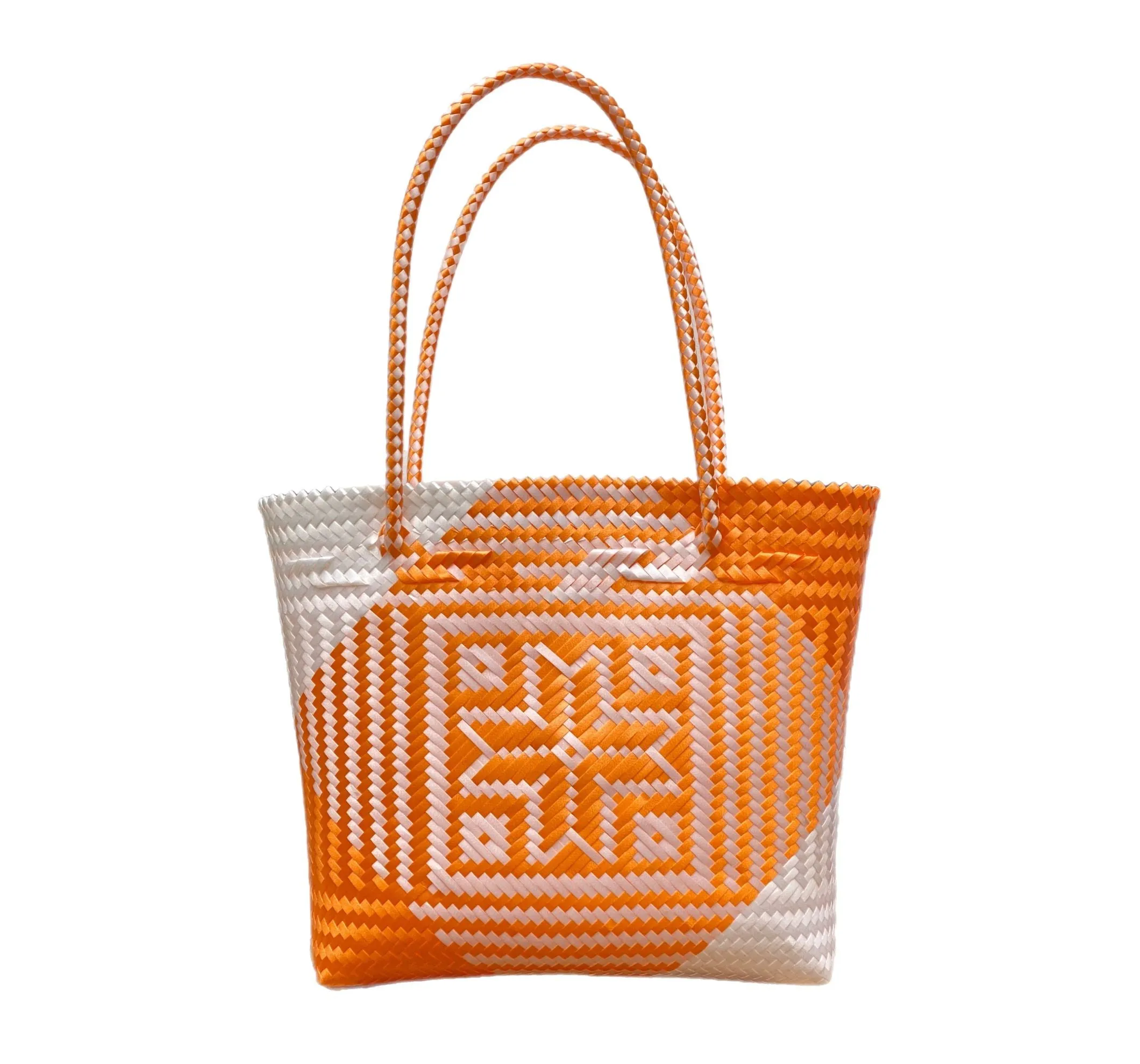 Woven Tote- Medium - Orange, White